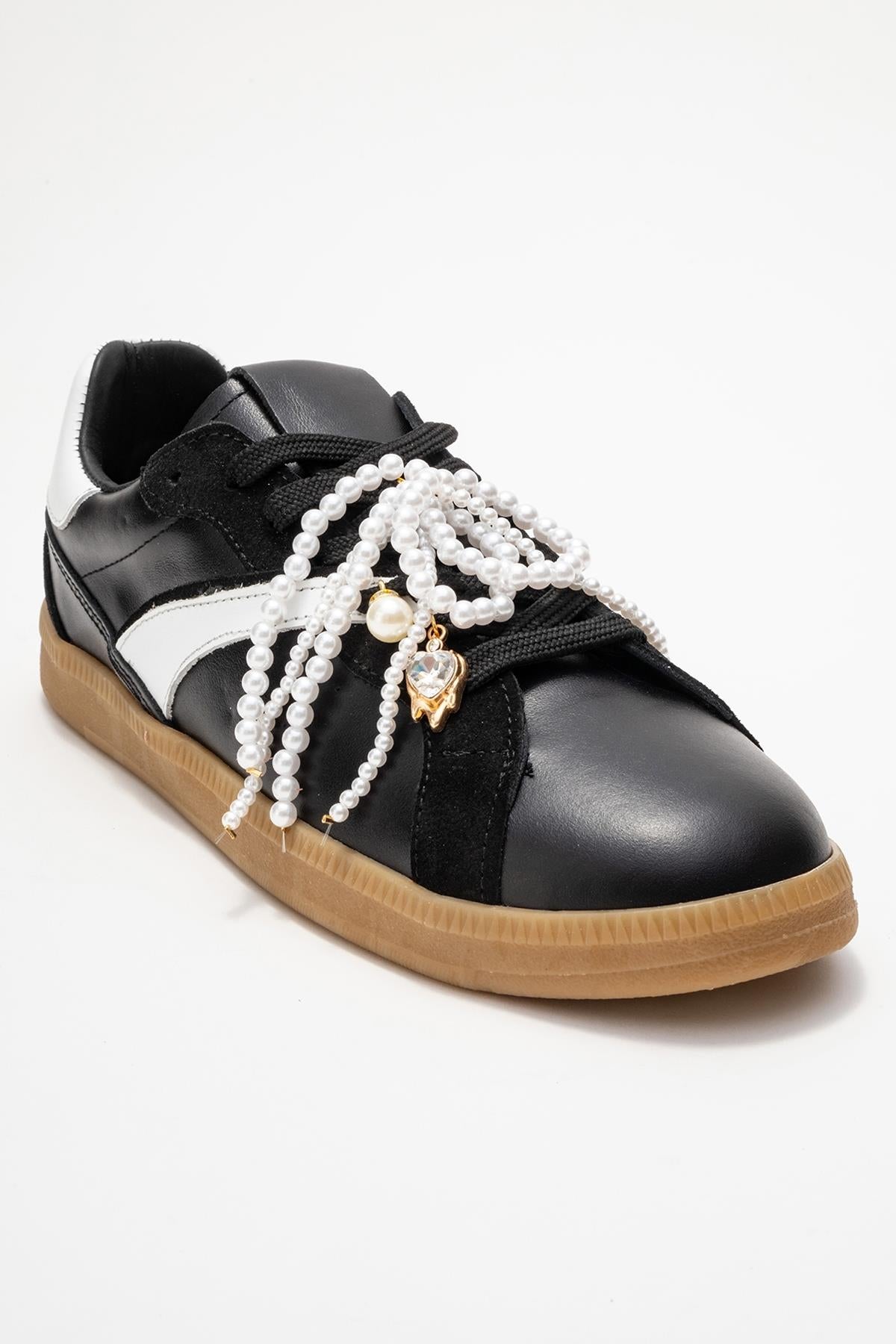 Taren - Black Genuine Leather Pearl Buckle Casual Sneaker (Women)