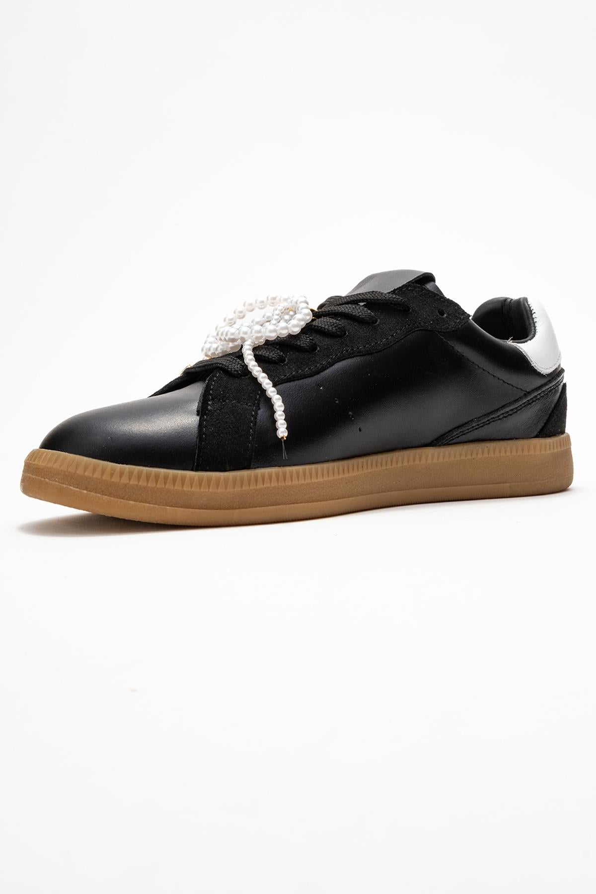 Taren - Black Genuine Leather Pearl Buckle Casual Sneaker (Women)