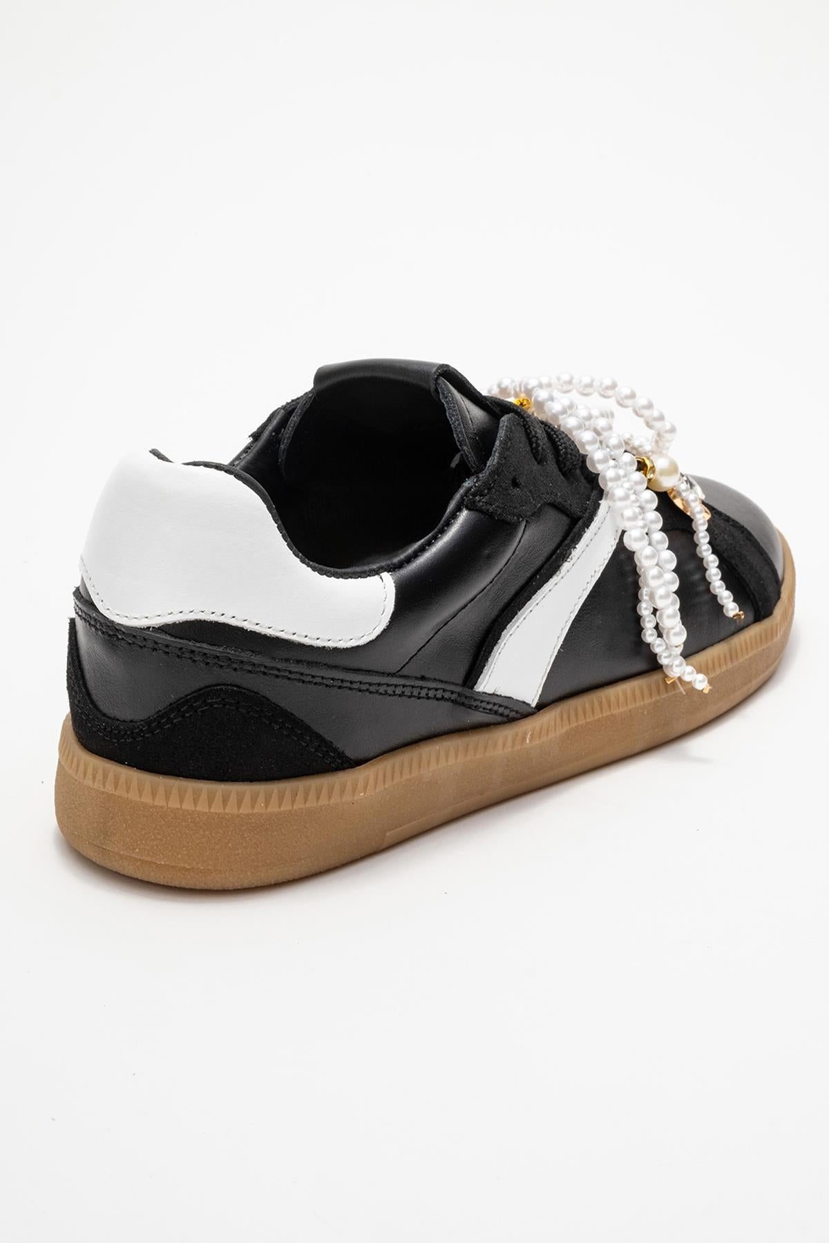 Taren - Black Genuine Leather Pearl Buckle Casual Sneaker (Women)