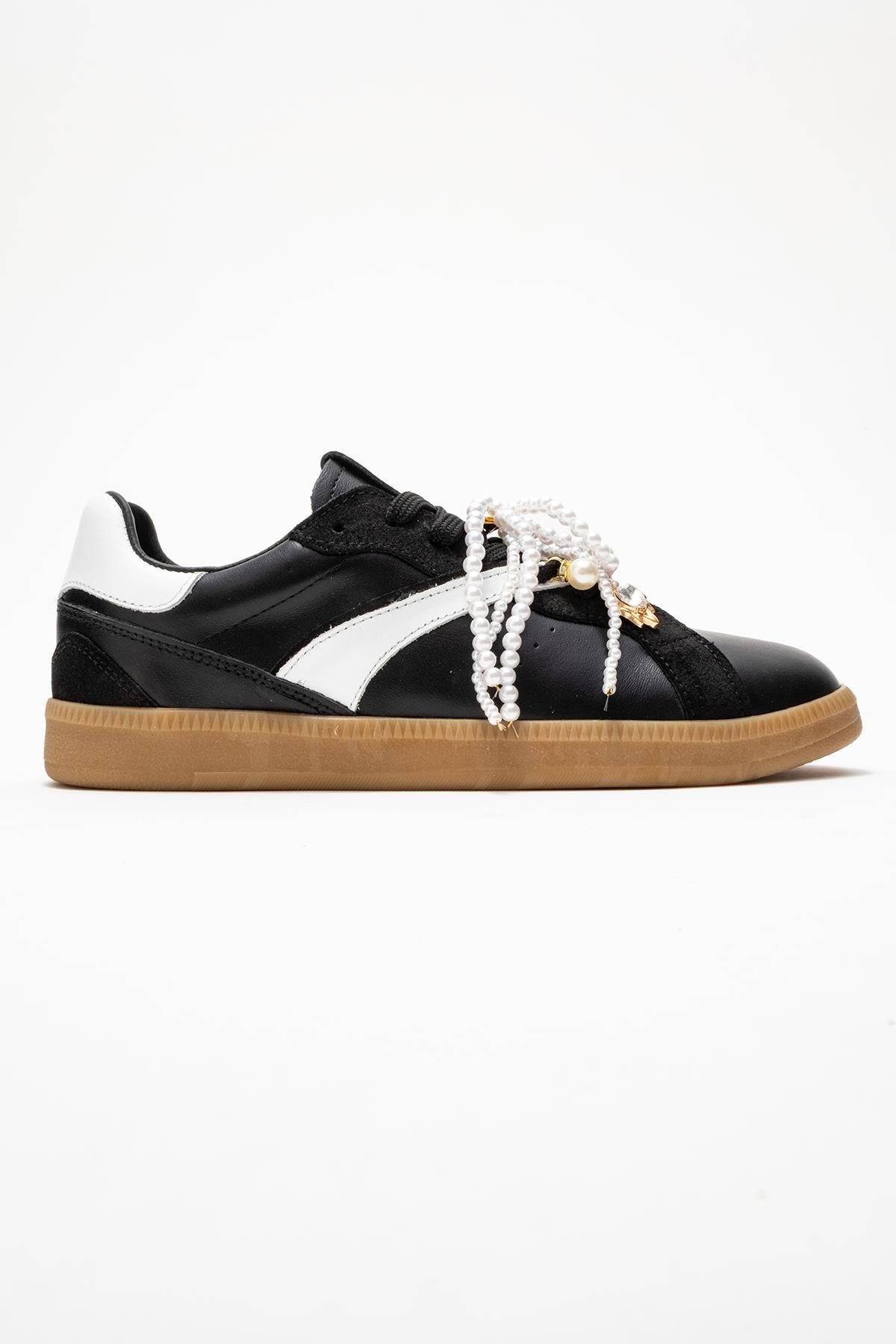 Taren - Black Genuine Leather Pearl Buckle Casual Sneaker (Women)