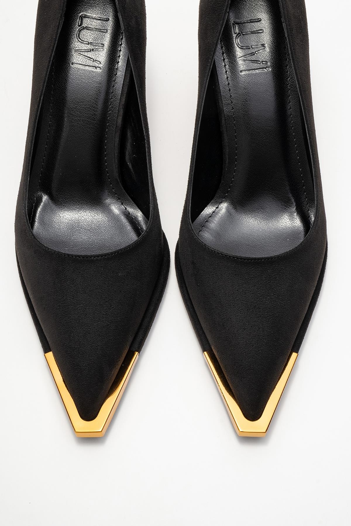 Liora - Black Suede Gold-Detail Block Heel Pump (Women)