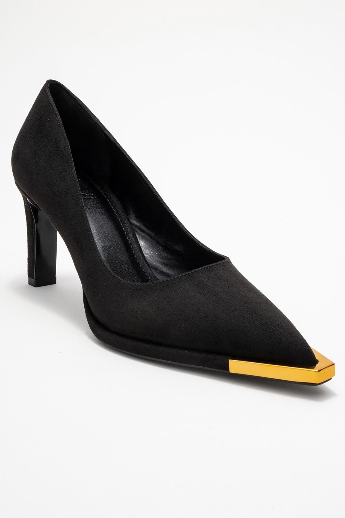 Liora - Black Suede Gold-Detail Block Heel Pump (Women)