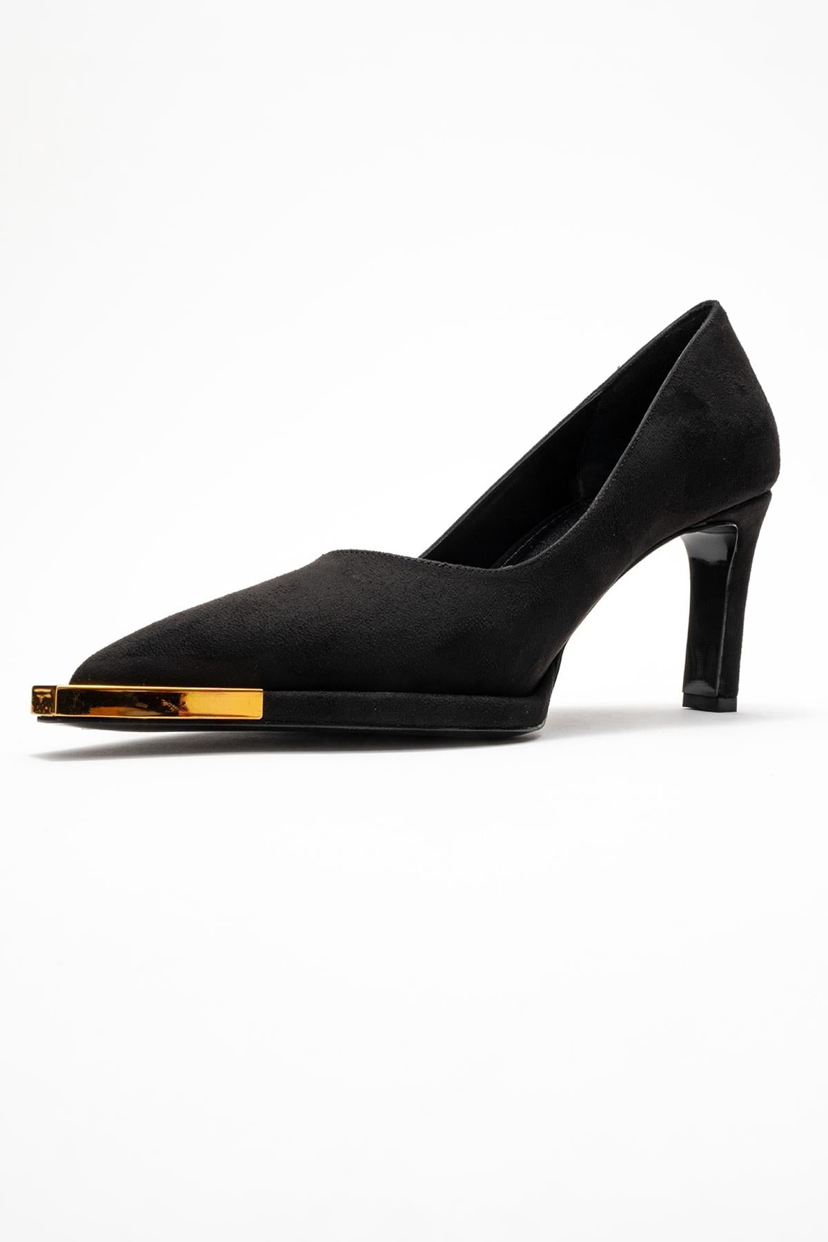 Liora - Black Suede Gold-Detail Block Heel Pump (Women)