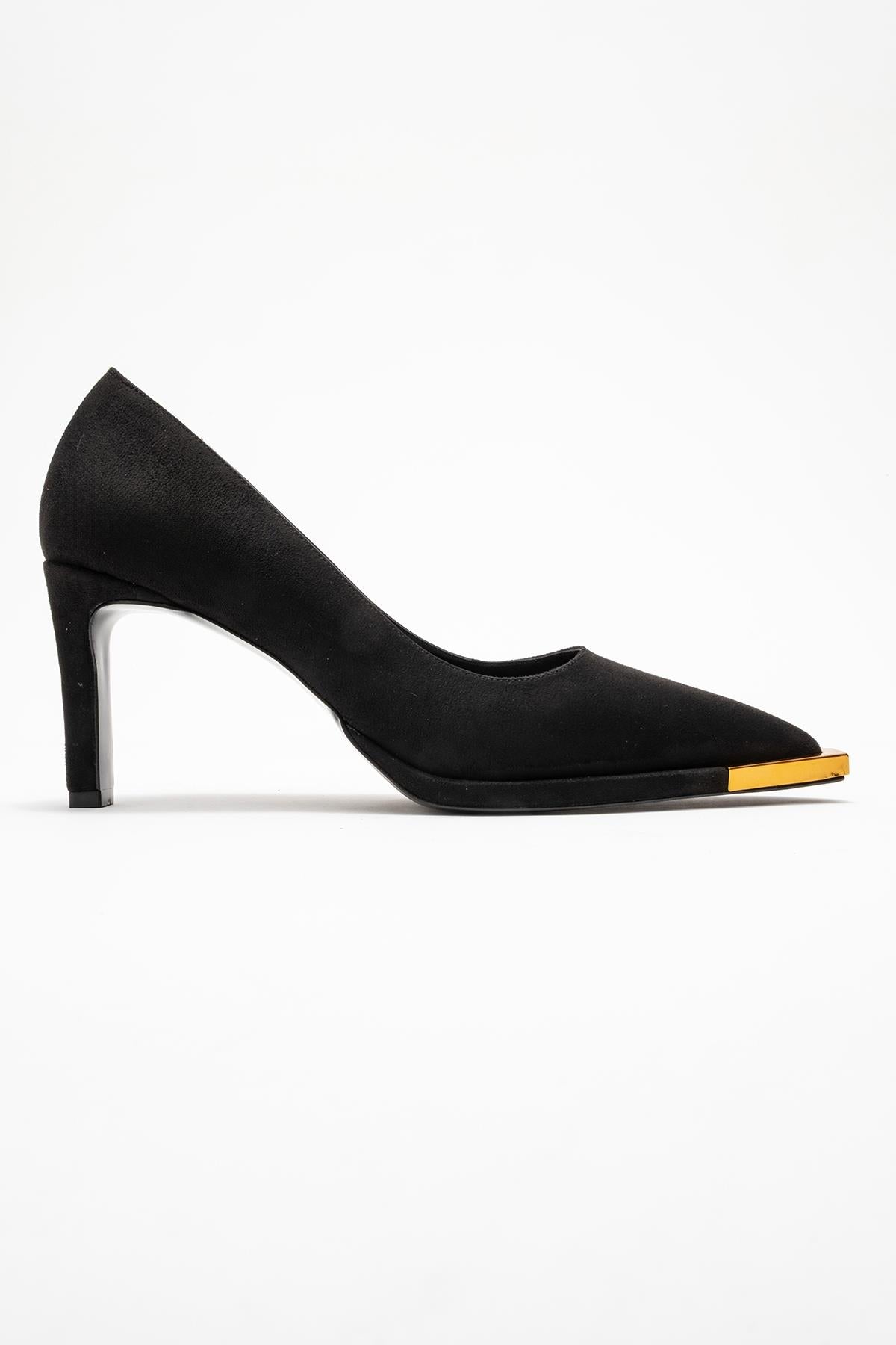 Liora - Black Suede Gold-Detail Block Heel Pump (Women)