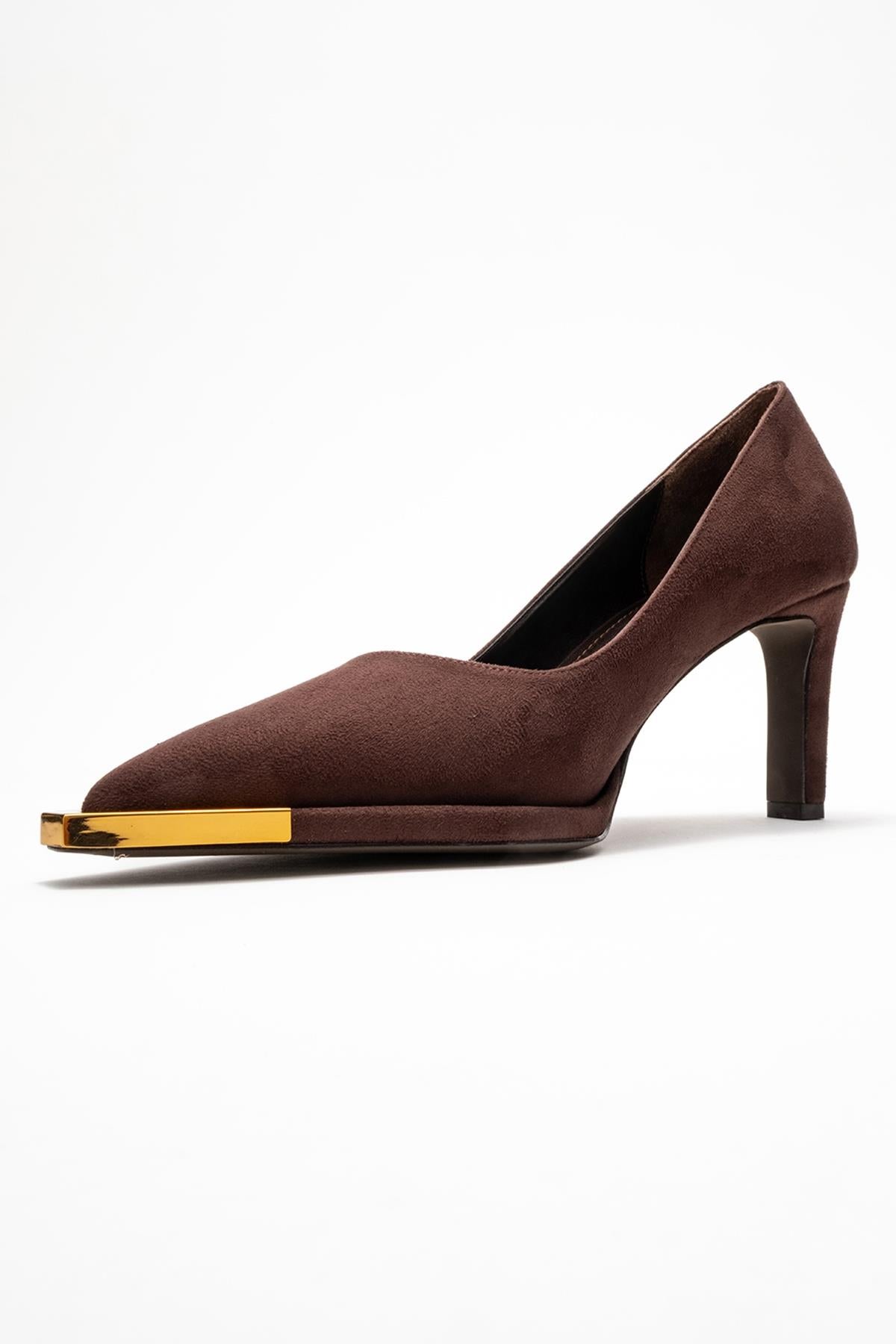 Liora - Brown Suede Gold-Detail Block Heel Pump (Women)
