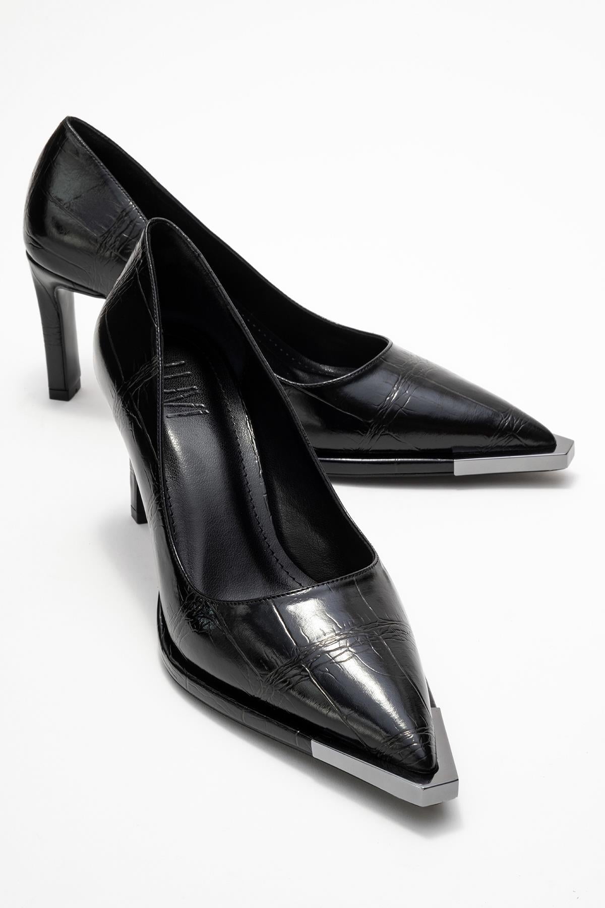 Liora - Black Printed Platinum-Detail Block Heel Pump (Women)