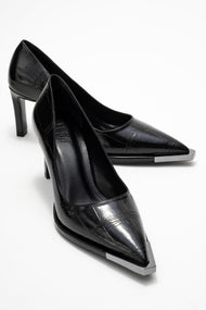 Liora - Black Printed Platinum-Detail Block Heel Pump (Women)