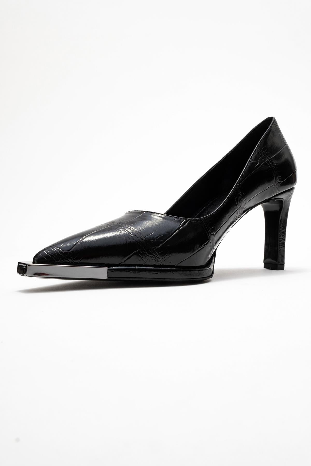 Liora - Black Printed Platinum-Detail Block Heel Pump (Women)