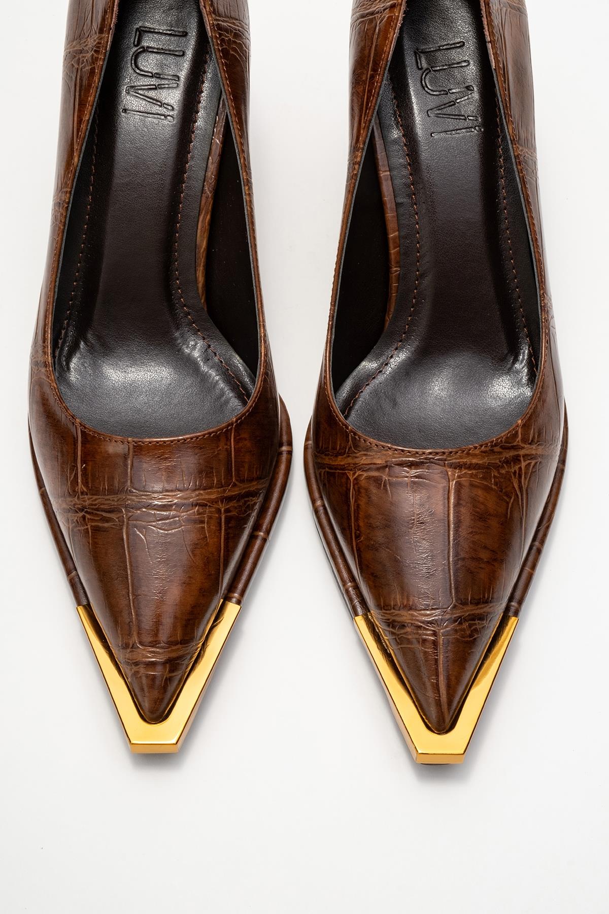 Liora - Brown Printed Gold-Detail Block Heel Pump (Women)