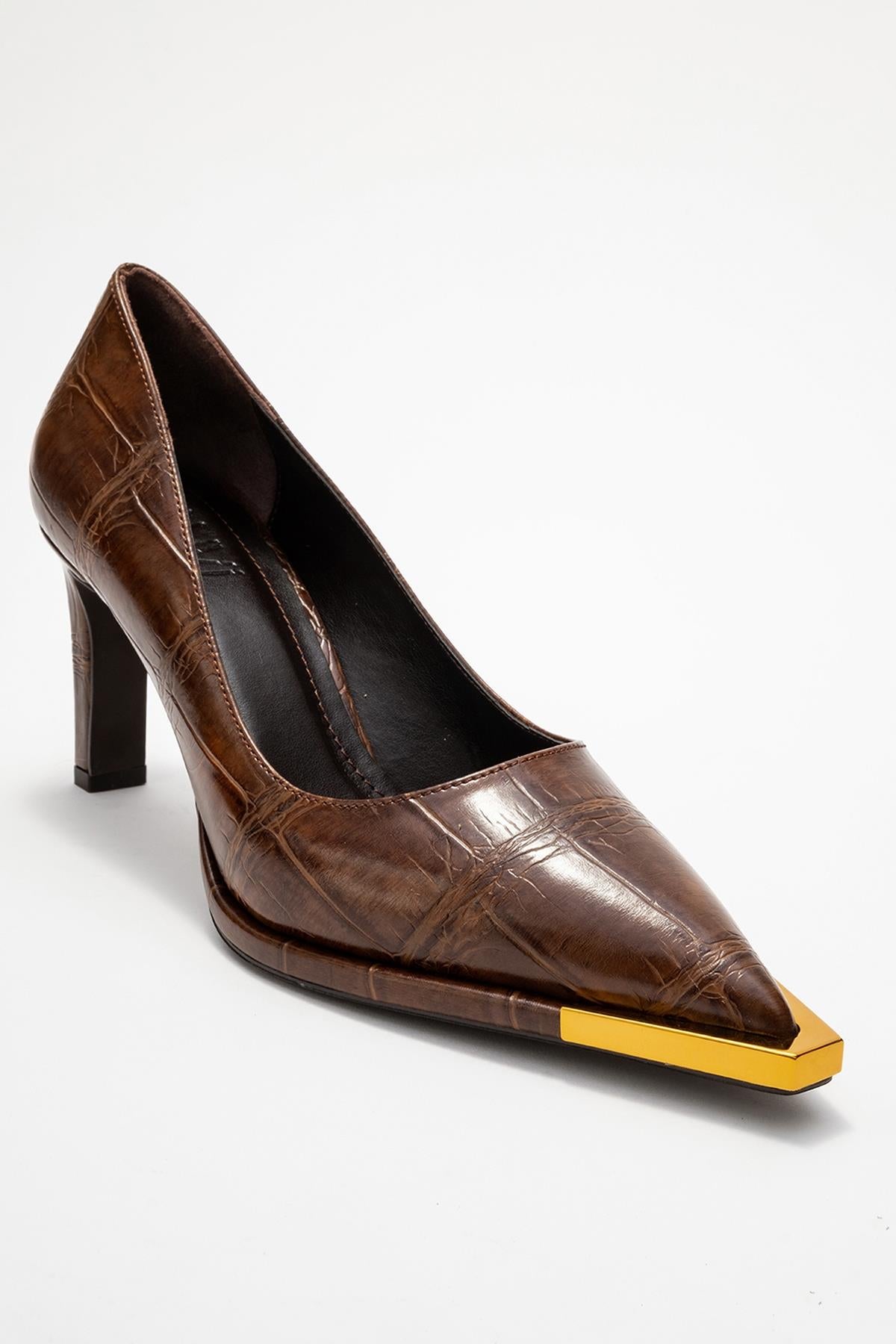 Liora - Brown Printed Gold-Detail Block Heel Pump (Women)
