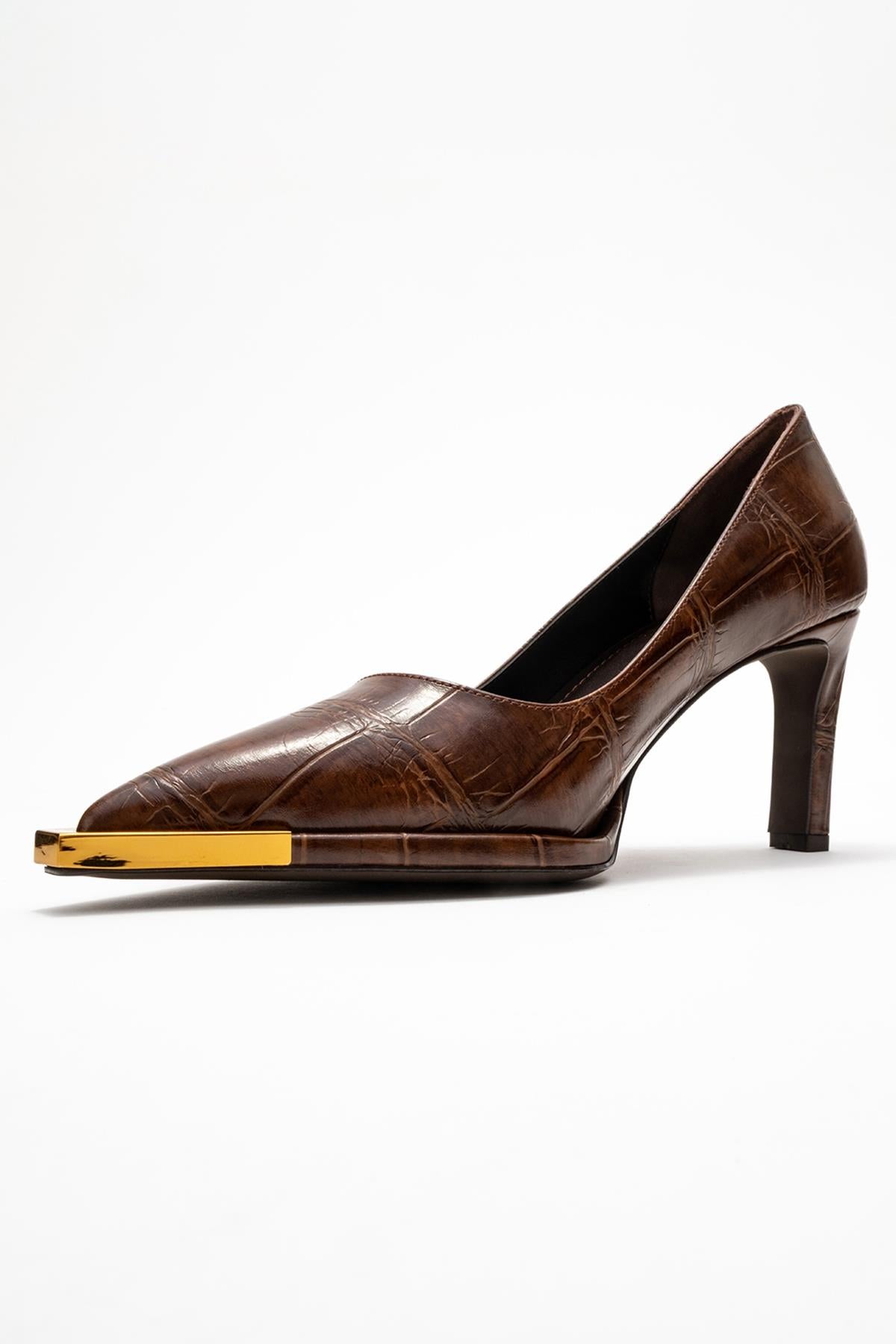 Liora - Brown Printed Gold-Detail Block Heel Pump (Women)