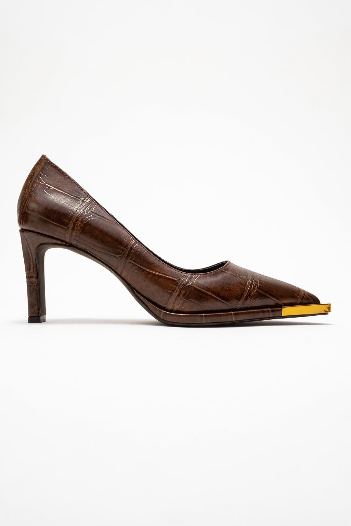 Liora - Brown Printed Gold-Detail Block Heel Pump (Women)