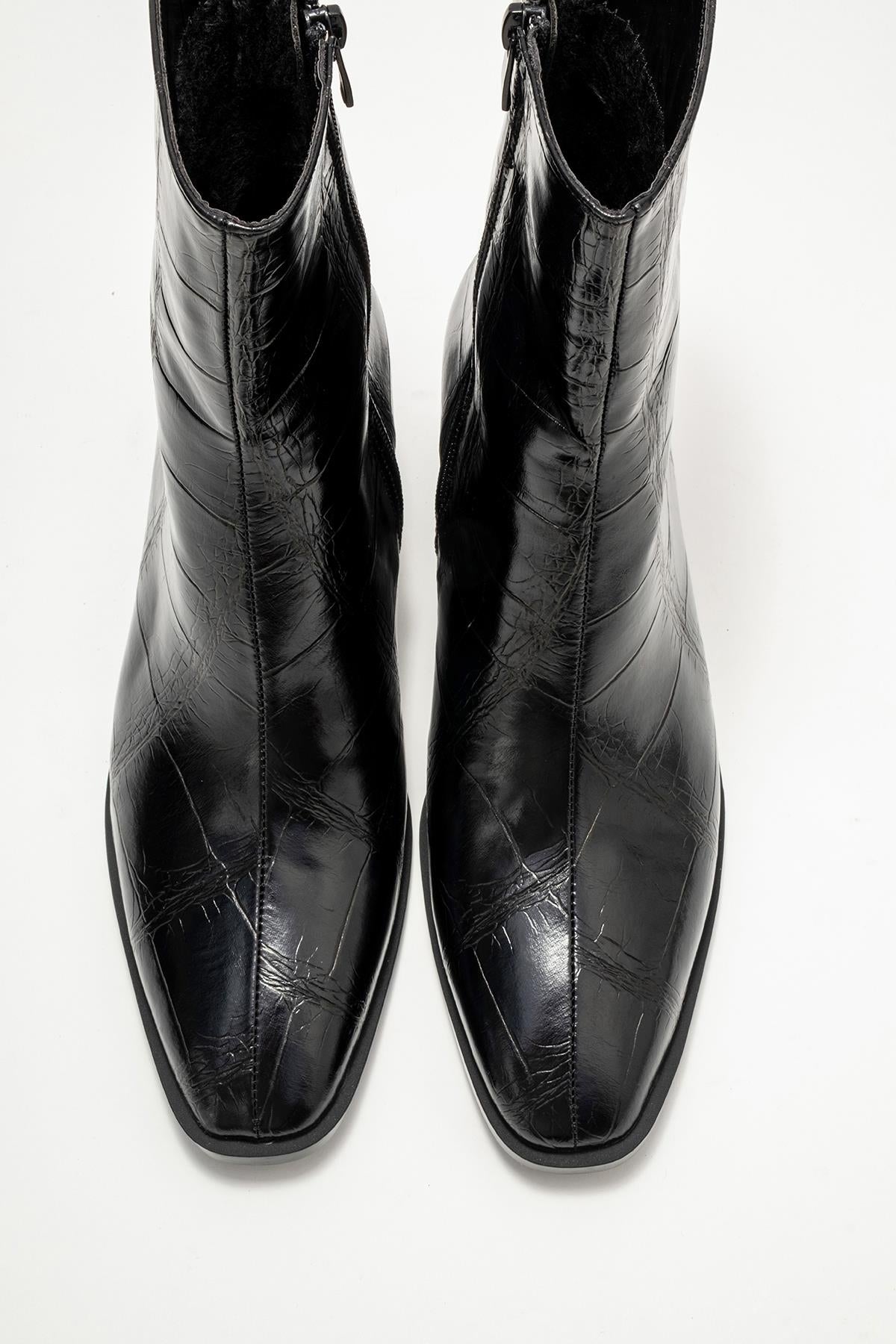 Chara - Black Croc-Embossed Block Heel Boot (Women)