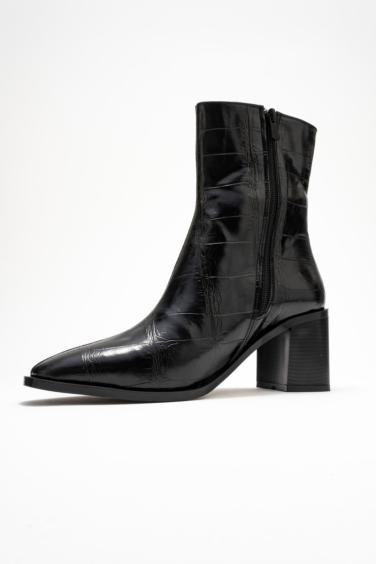 Chara - Black Croc-Embossed Block Heel Boot (Women)