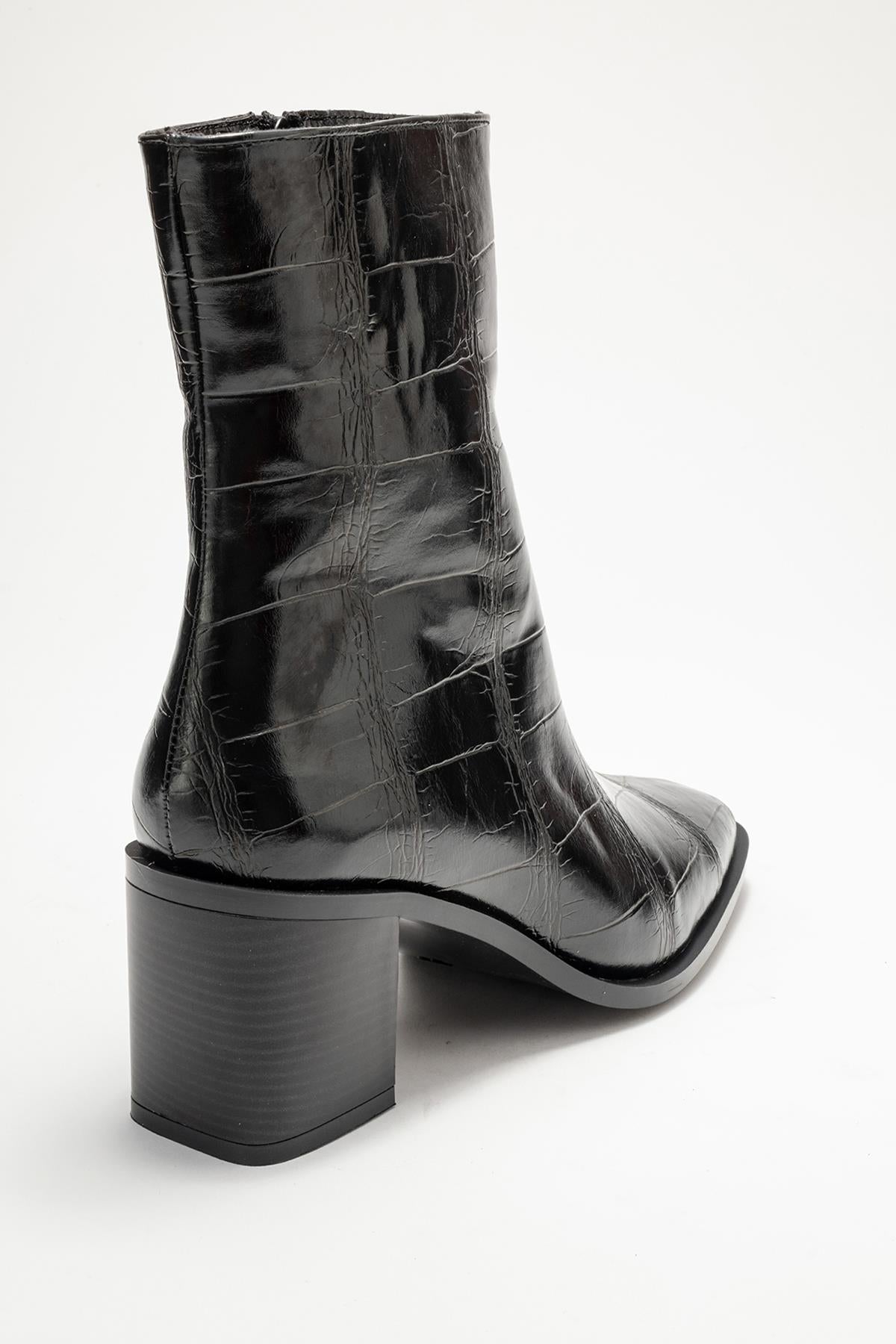 Chara - Black Croc-Embossed Block Heel Boot (Women)