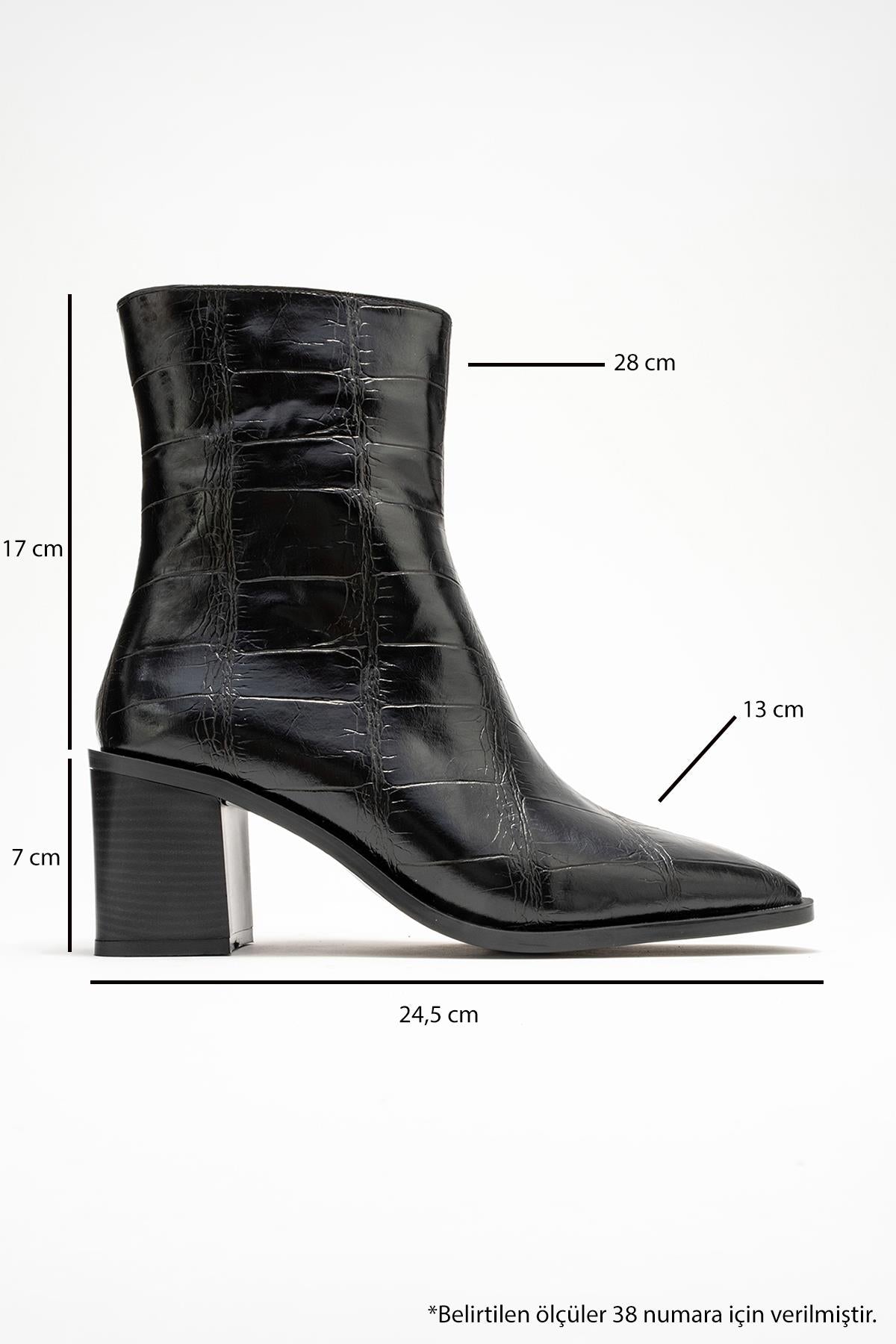 Chara - Black Croc-Embossed Block Heel Boot (Women)