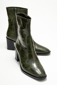 Chara - Green Printed Block Heel Boot (Women)