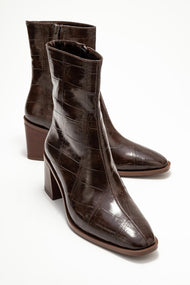 Chara - Brown Printed Block Heel Boot (Women)