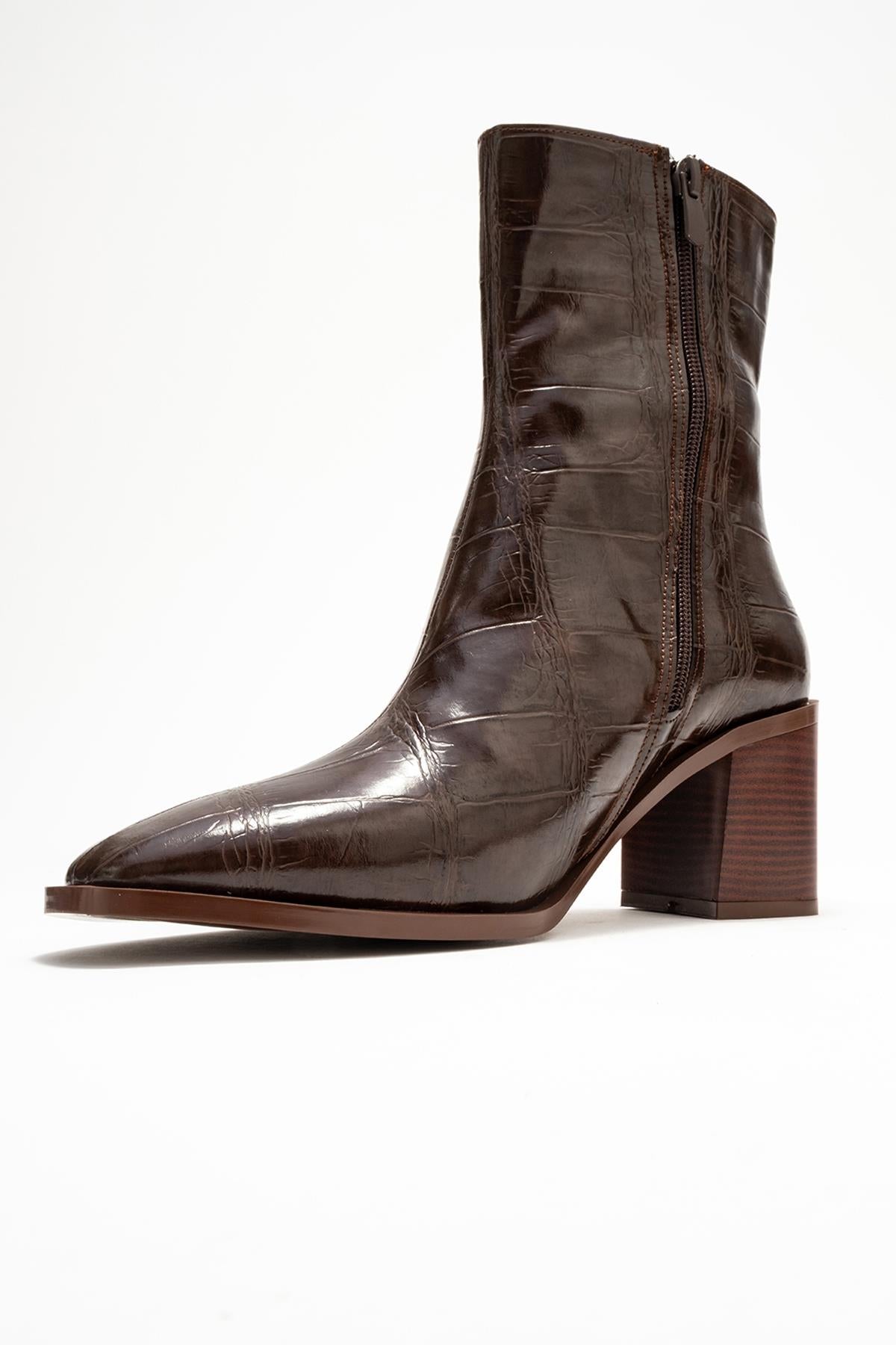Chara - Brown Printed Block Heel Boot (Women)