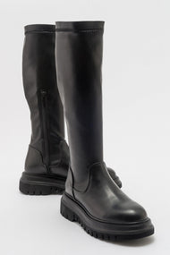 Henin - Black Stretch Knee-High Flat Boot (Women)