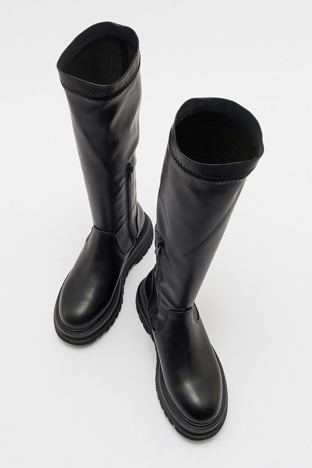 Henin - Black Stretch Knee-High Flat Boot (Women)