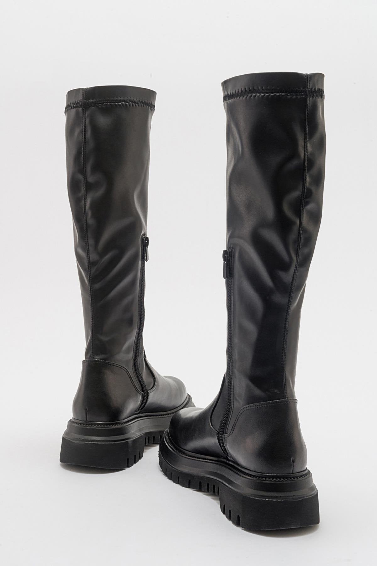 Henin - Black Stretch Knee-High Flat Boot (Women)
