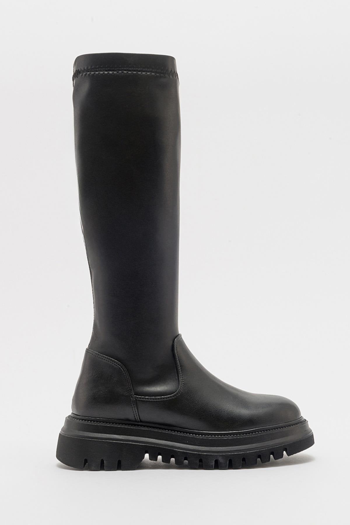 Henin - Black Stretch Knee-High Flat Boot (Women)