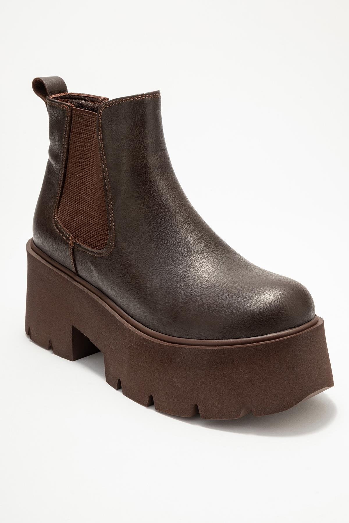 Clen - Brown Genuine Leather Elastic-Sided Platform Boot (Women)