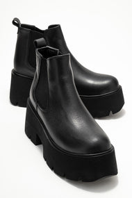 Clen - Black Genuine Leather Elastic-Panel Chunky Platform Boot (Women)