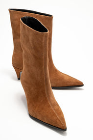 Aleo - Taupe Suede Genuine Leather Pointed Toe Short Heel Boot (Women)