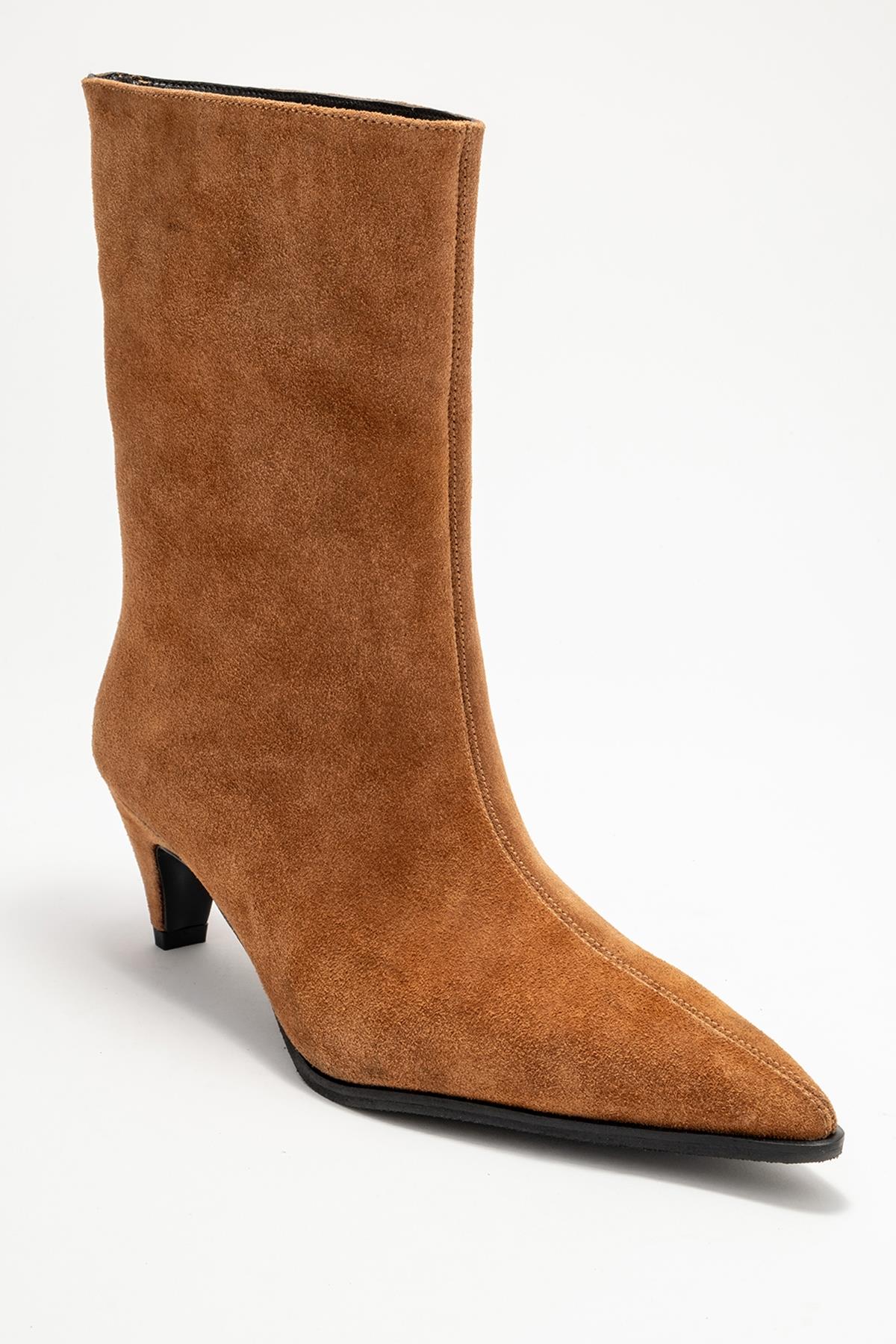 Aleo - Taupe Suede Genuine Leather Pointed Toe Short Heel Boot (Women)