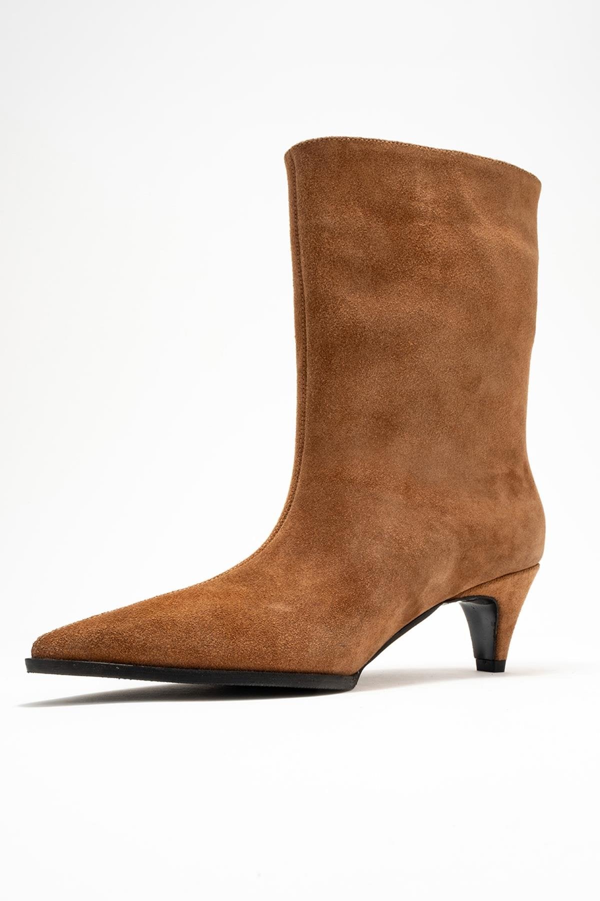 Aleo - Taupe Suede Genuine Leather Pointed Toe Short Heel Boot (Women)