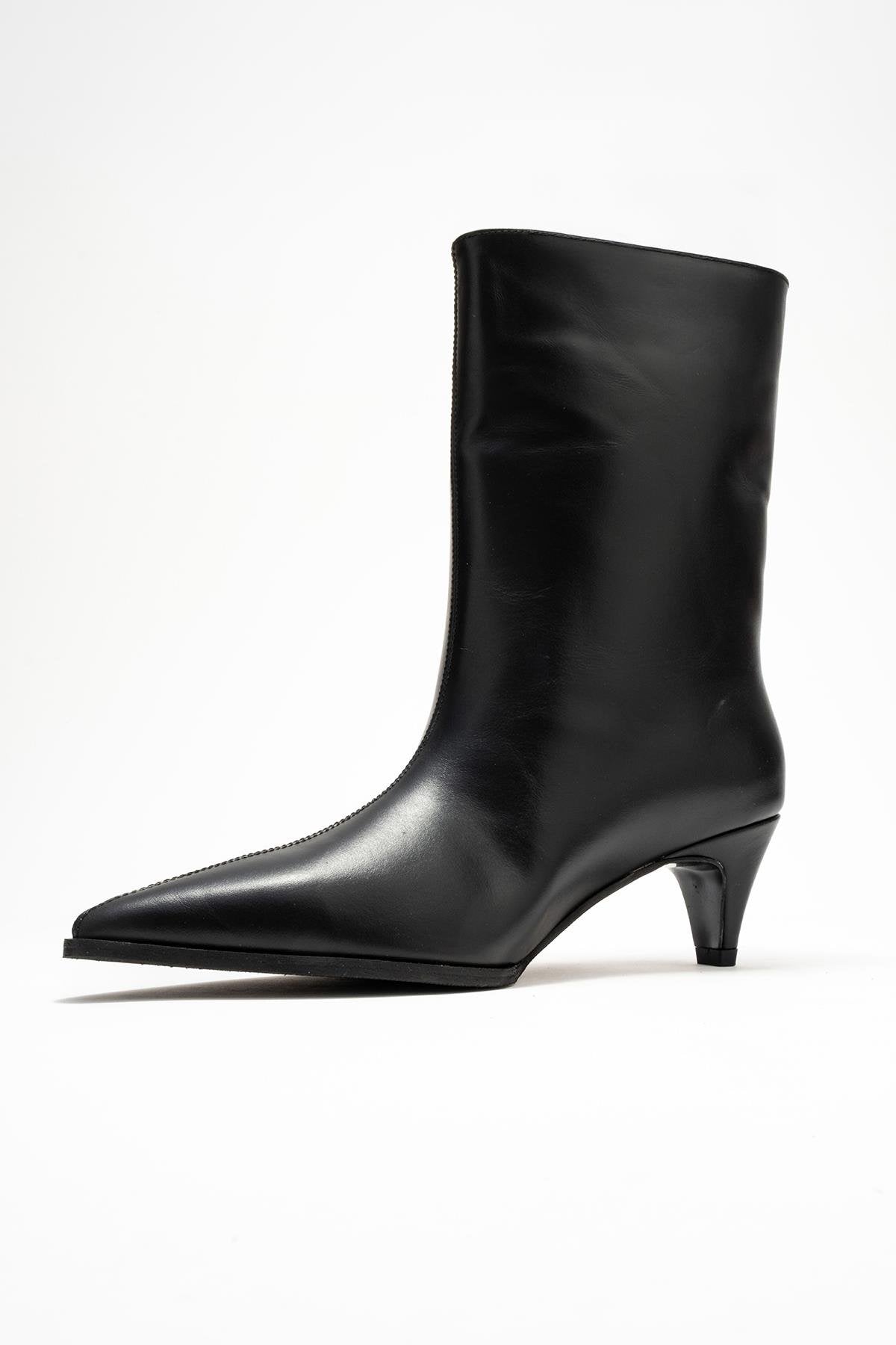Aleo - Black Genuine Leather Pointed Toe Short Heel Boot (Women)