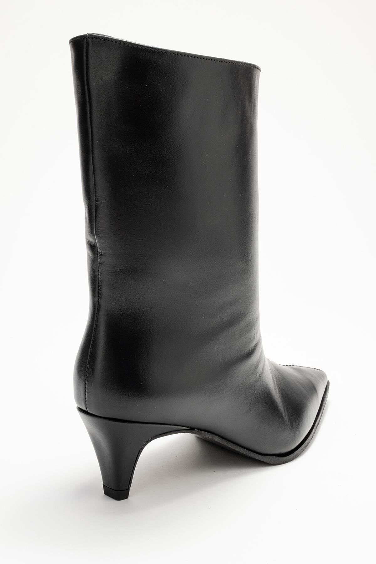 Aleo - Black Genuine Leather Pointed Toe Short Heel Boot (Women)