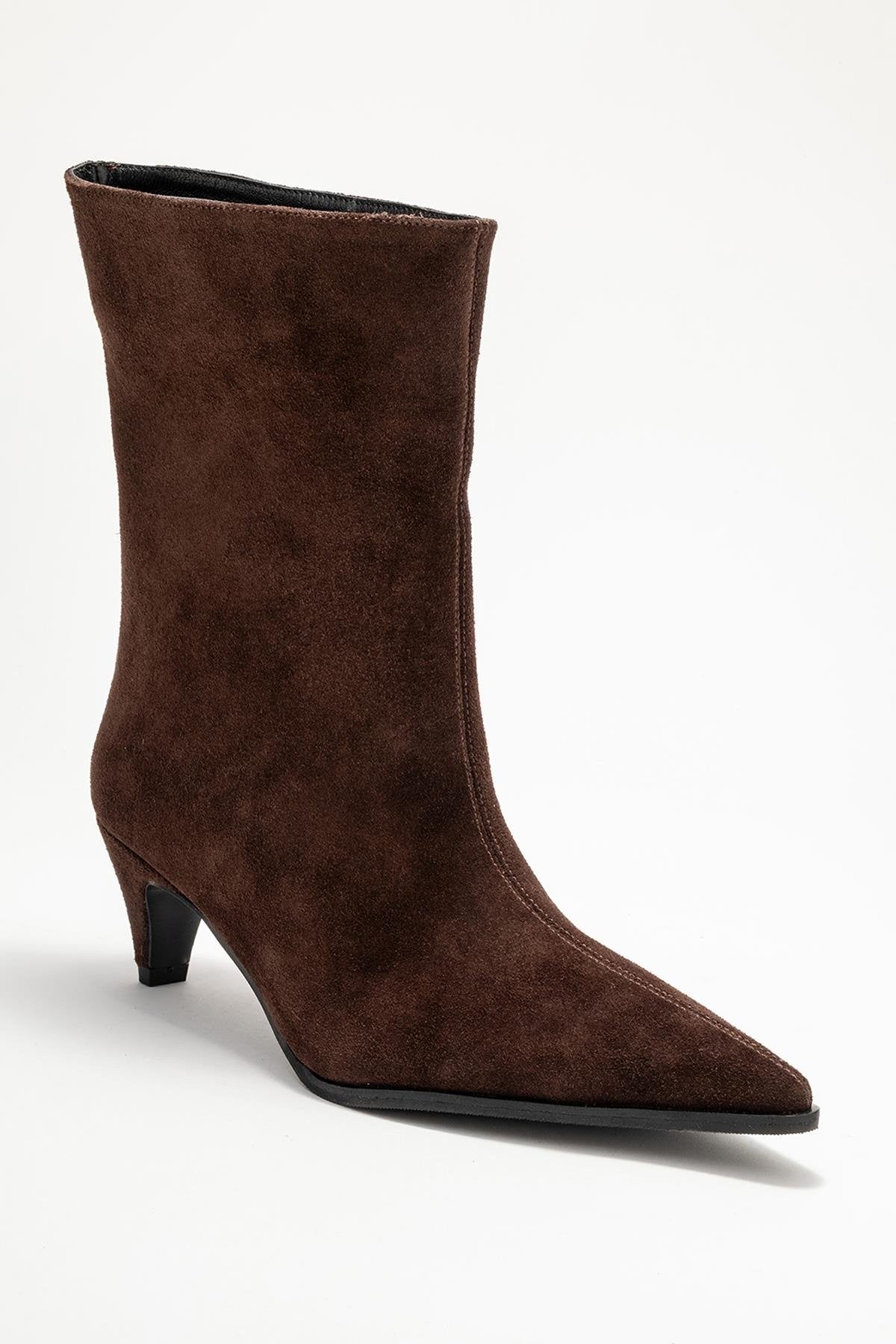 Aleo - Brown Suede Genuine Leather Pointed Toe Short Heel Boot (Women)