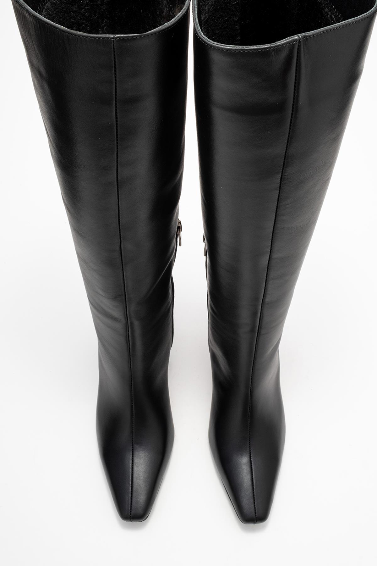 Valencia - Black Genuine Leather Block Heel Knee-High Boot (Women)