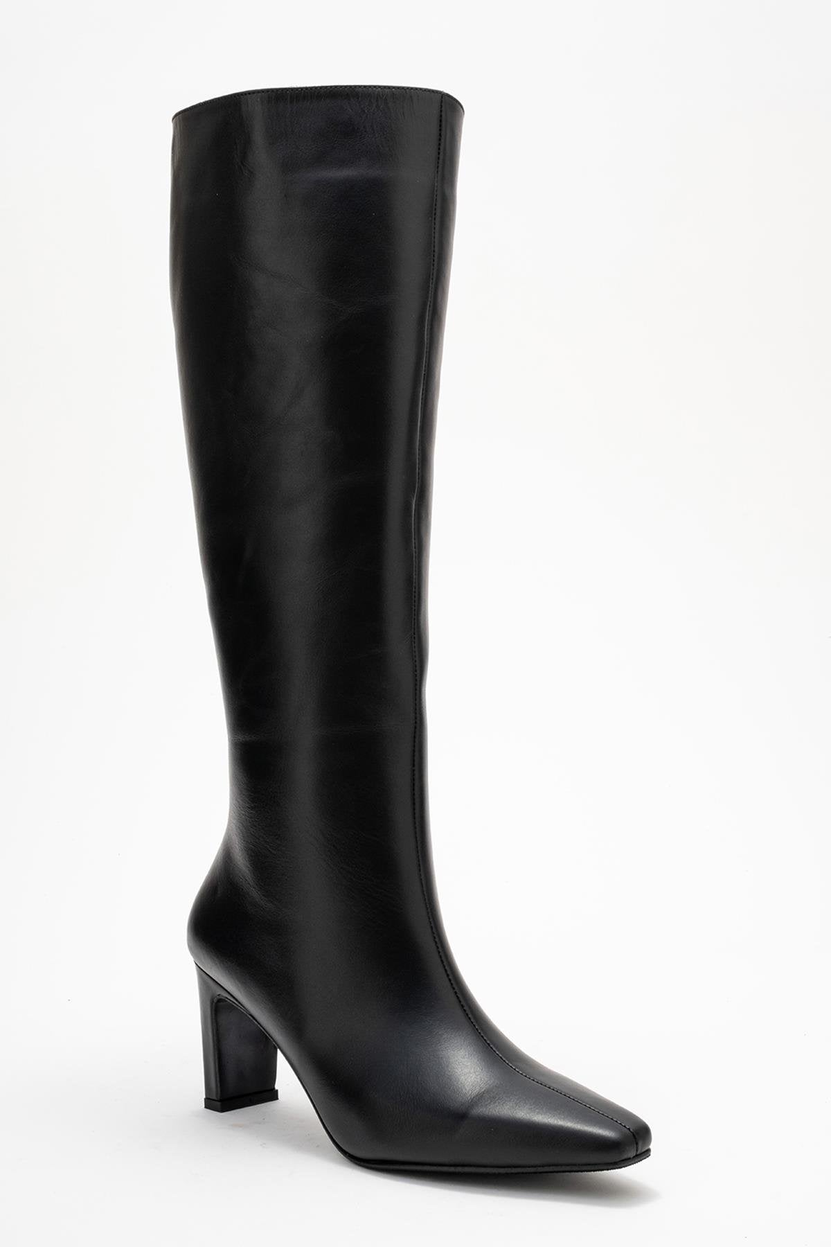 Valencia - Black Genuine Leather Block Heel Knee-High Boot (Women)
