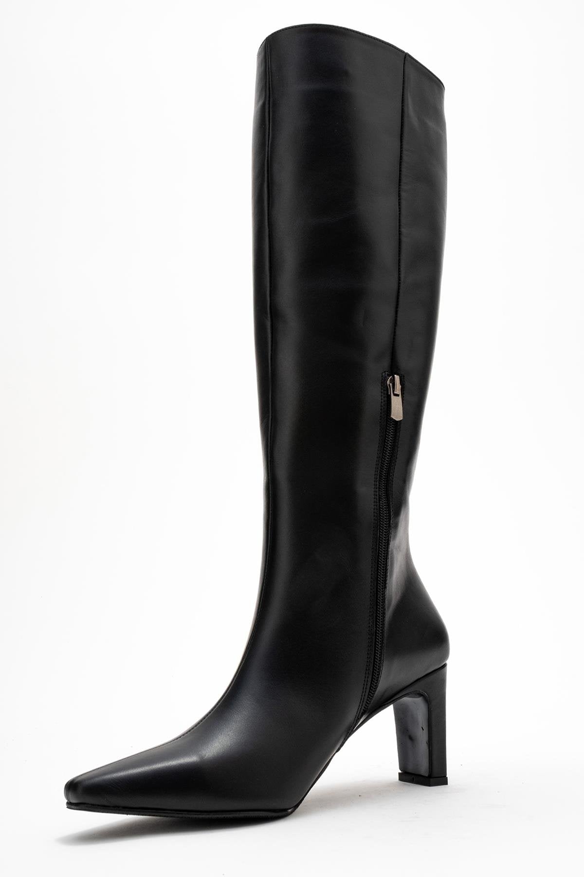 Valencia - Black Genuine Leather Block Heel Knee-High Boot (Women)