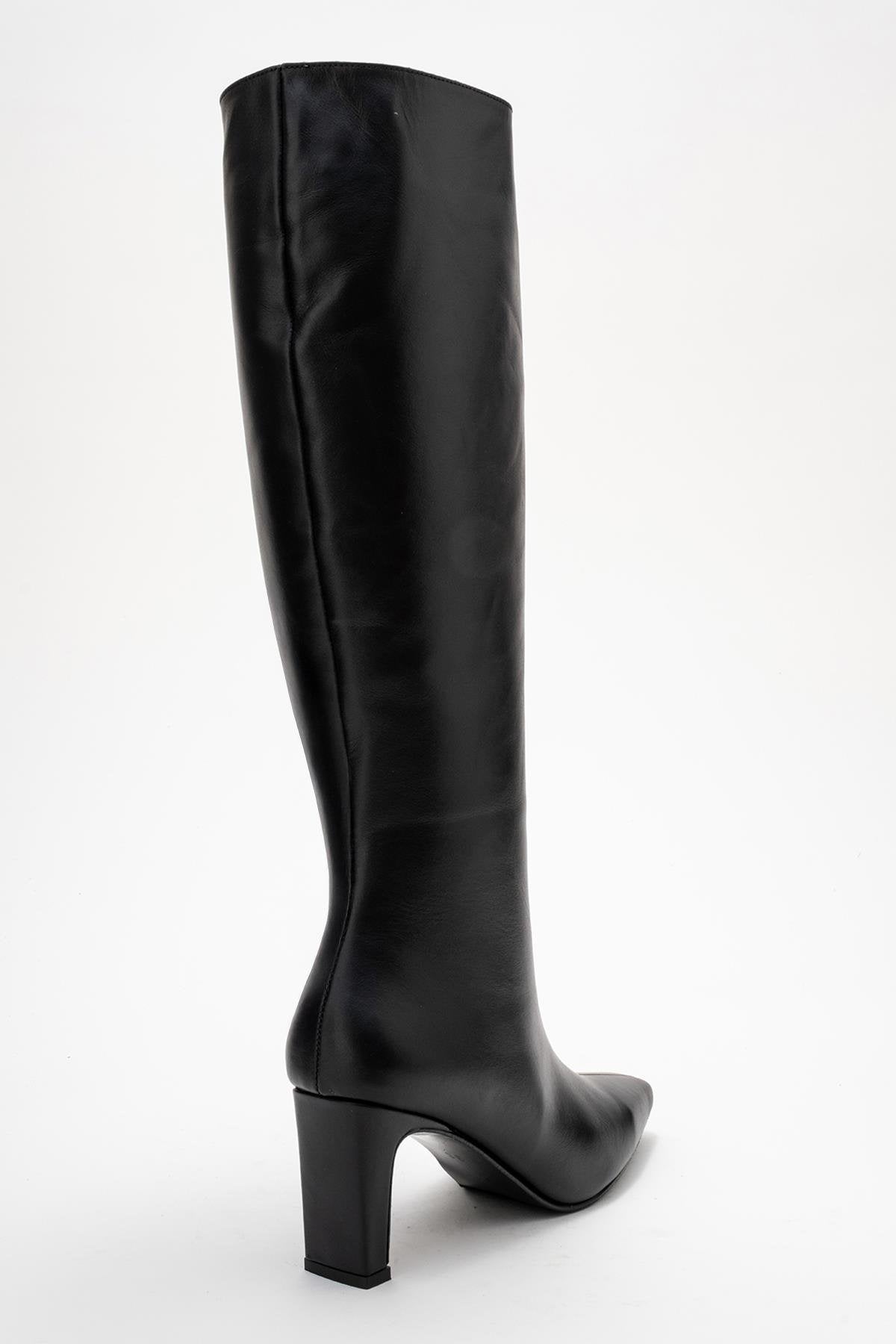 Valencia - Black Genuine Leather Block Heel Knee-High Boot (Women)