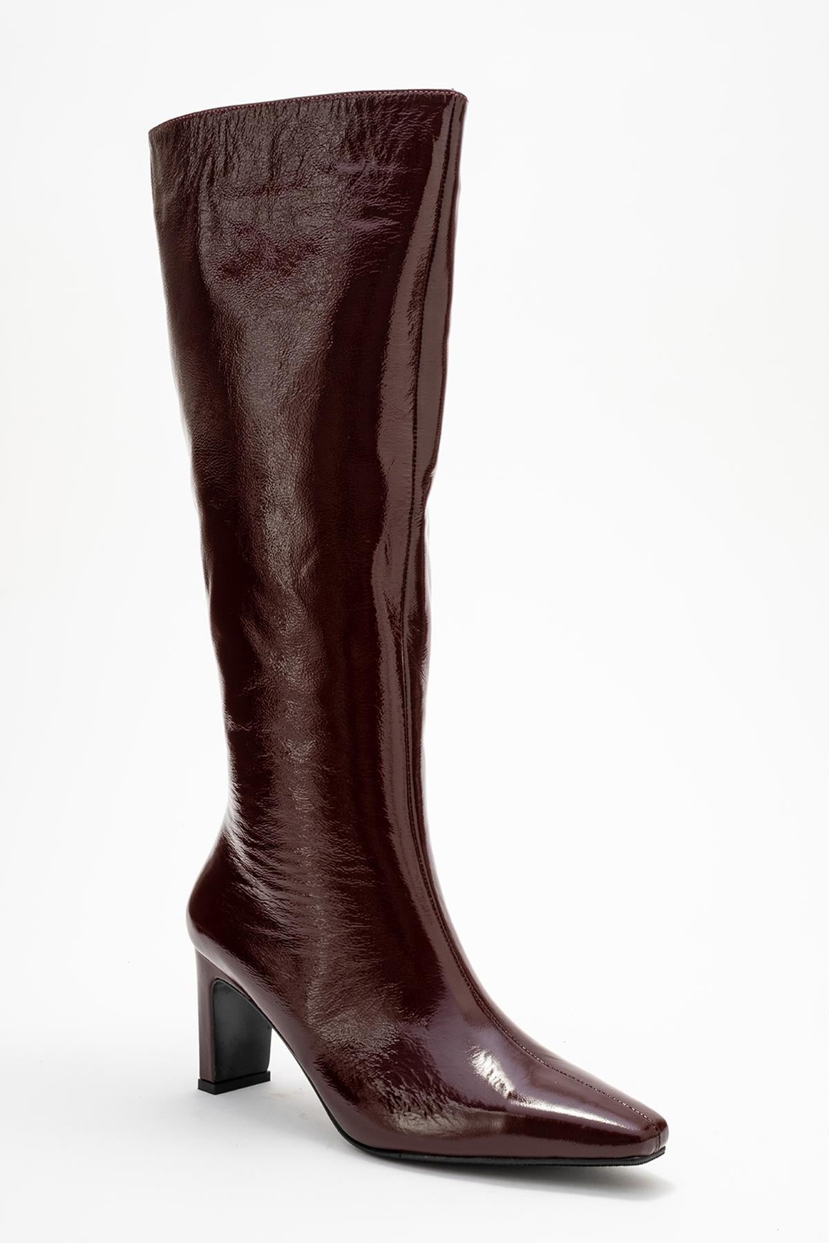 Valencia - Burgundy Patent Genuine Leather Block Heel Boot (Women)