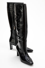 Valencia - Black Patent Genuine Leather Block Heel Boot (Women)