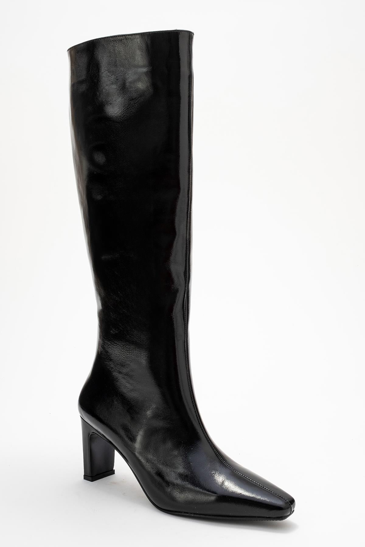 Valencia - Black Patent Genuine Leather Block Heel Boot (Women)