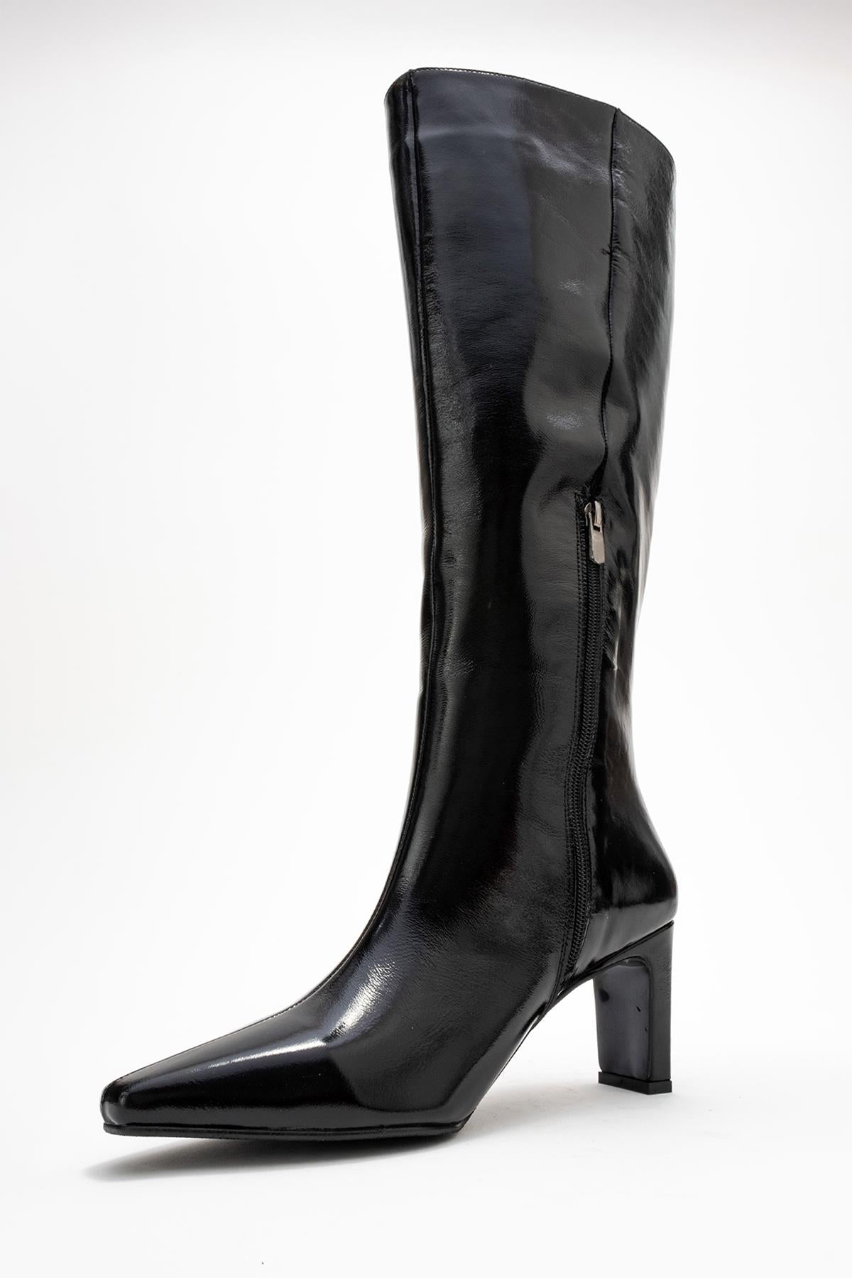 Valencia - Black Patent Genuine Leather Block Heel Boot (Women)