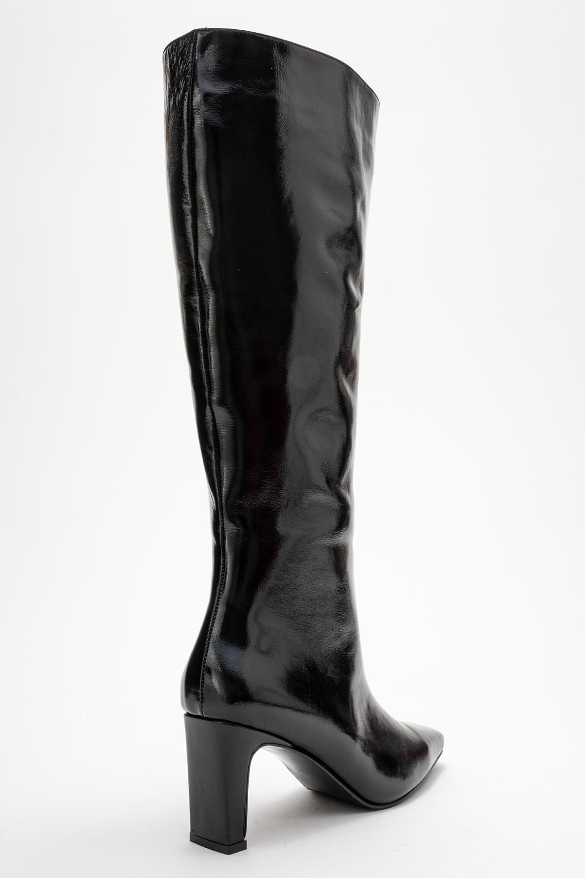Valencia - Black Patent Genuine Leather Block Heel Boot (Women)
