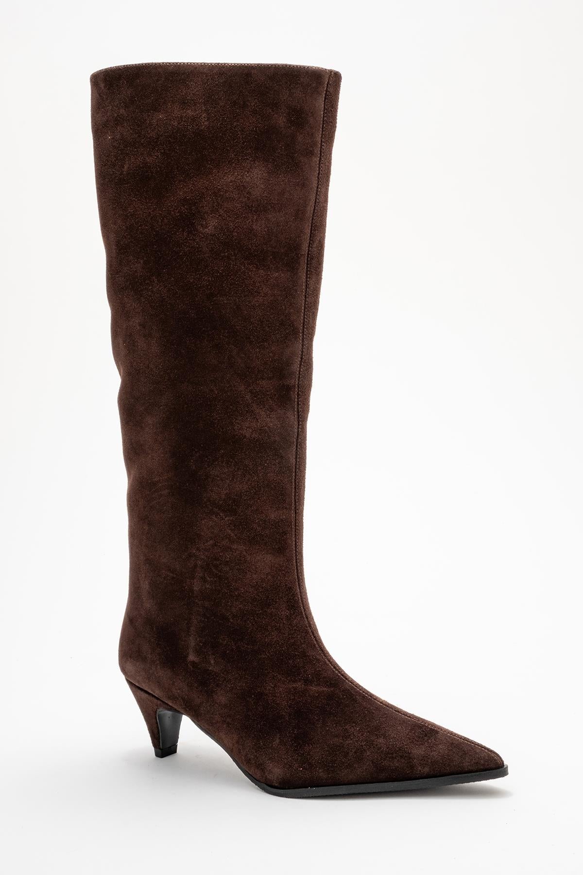Siora - Brown Suede Genuine Leather Short Heel Boot (Women)