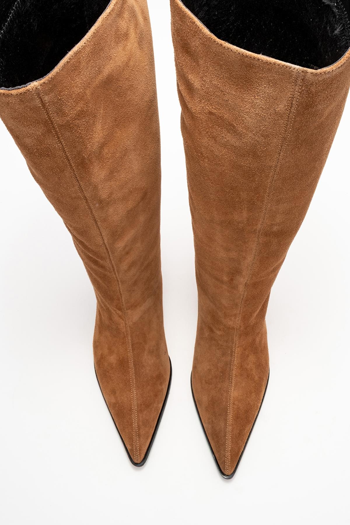 Siora - Taupe Suede Genuine Leather Short Heel Boot (Women)