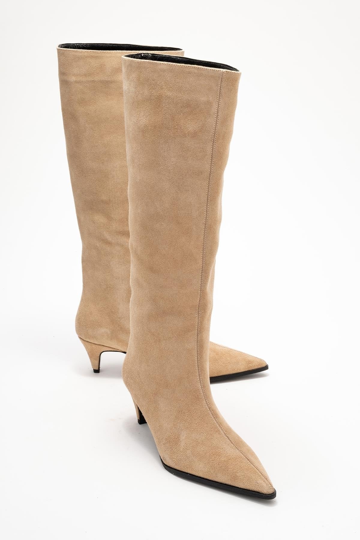 Siora - Beige Suede Genuine Leather Short Heel Boot (Women)
