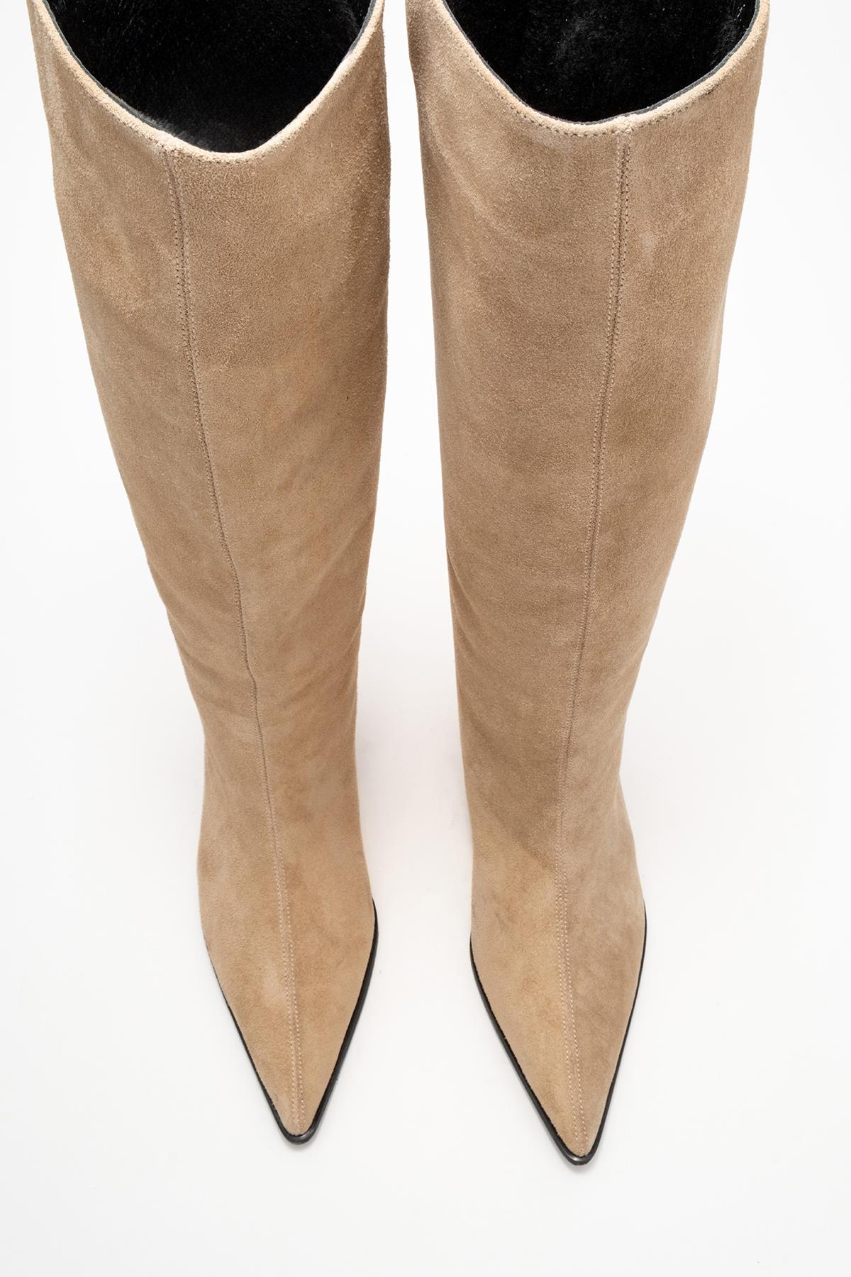 Siora - Beige Suede Genuine Leather Short Heel Boot (Women)