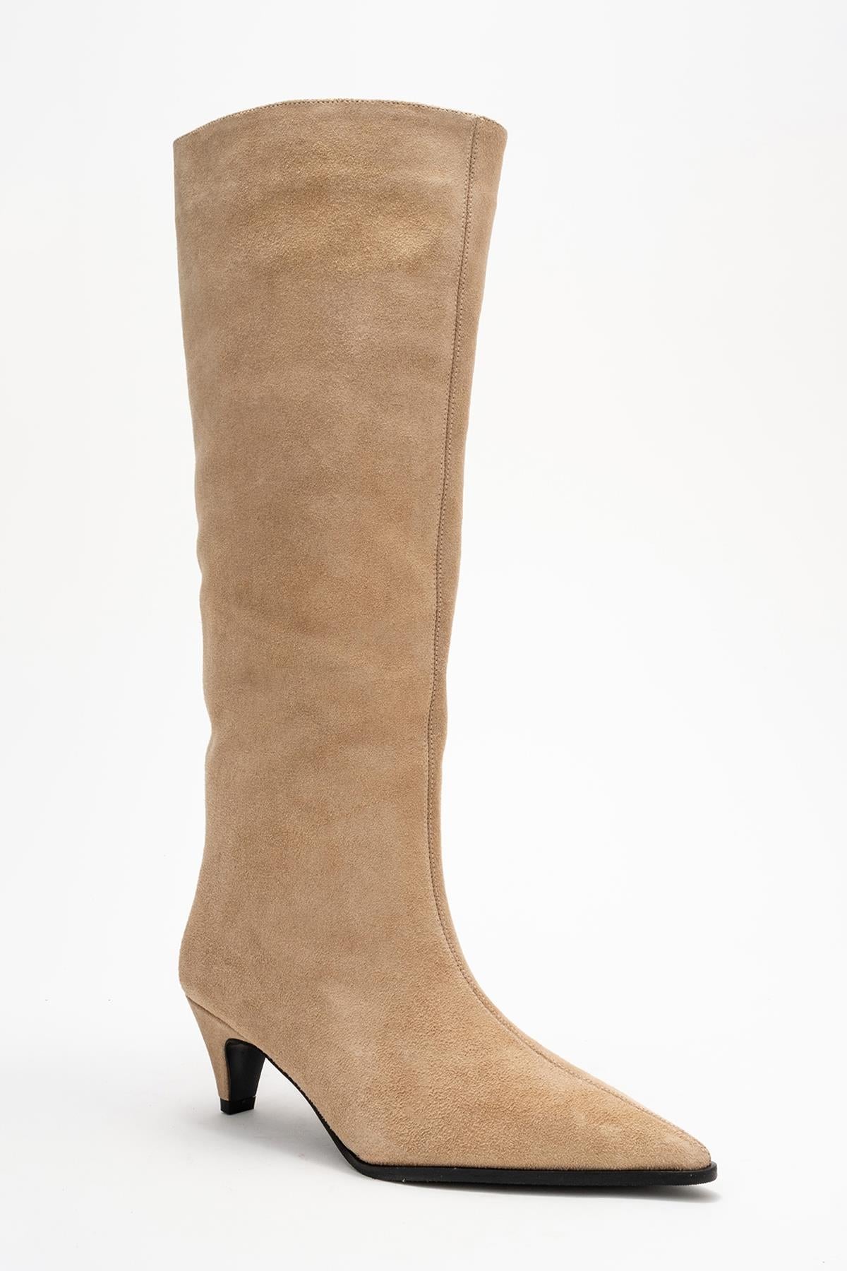 Siora - Beige Suede Genuine Leather Short Heel Boot (Women)