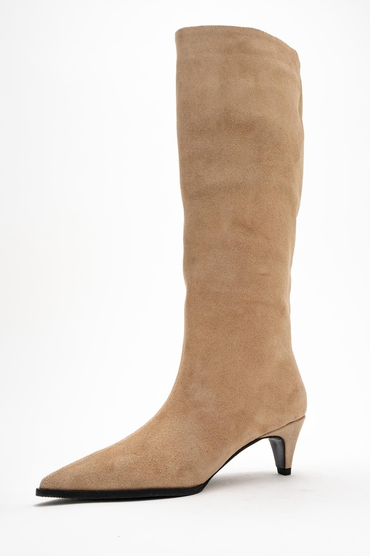 Siora - Beige Suede Genuine Leather Short Heel Boot (Women)
